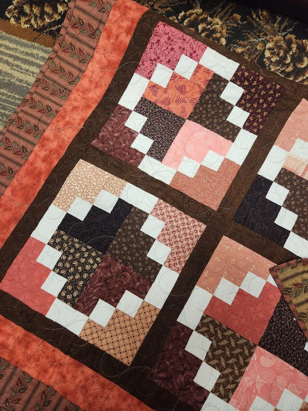 Handmade Quilt in Coral, Pink and Brown - Home Bedding Quilts
